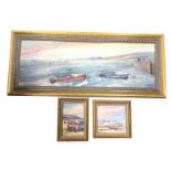 Frank Burke, oil on board, two boats beyond quay in choppy seas, with figures, signed and gilt
