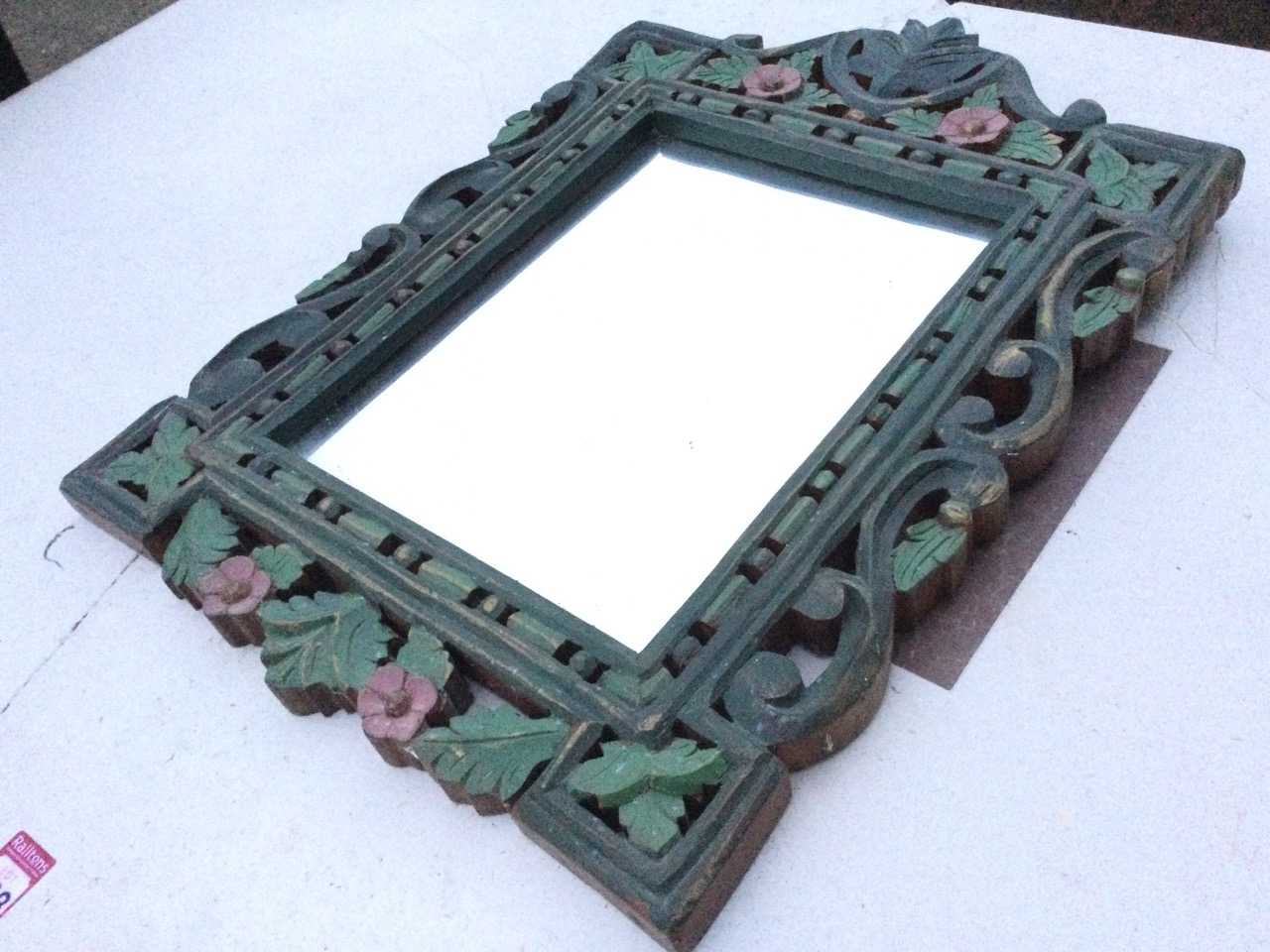 A carved and painted hardwood mirror, the rectangular plate in pierced leaf & floral carved scrolled - Image 3 of 3