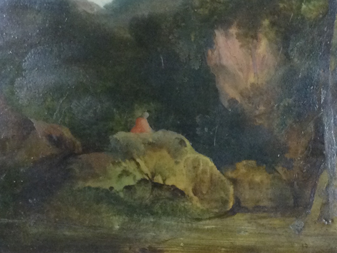 Thomas Creswick, oil on board, landscape with figure on rocks, signed to verso, framed. (9in x 6.