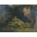 Thomas Creswick, oil on board, landscape with figure on rocks, signed to verso, framed. (9in x 6.