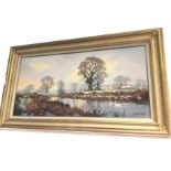 Vincent Shelby, oil on canvas, winter river landscape with swans, signed & framed. (29.5in x 14.