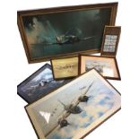 Five framed prints of miscellaneous aircraft; and a Players Cigarette card aeroplane print. (6)
