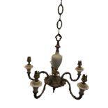 An alabaster & gilt metal hanging chandelier, suspended by chain with turned column, above a boss
