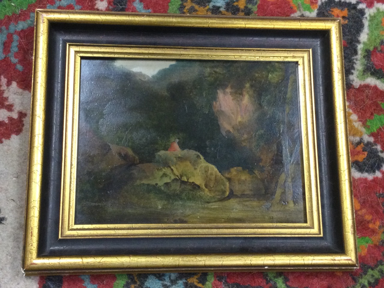 Thomas Creswick, oil on board, landscape with figure on rocks, signed to verso, framed. (9in x 6. - Image 3 of 3