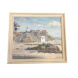 Oil on board, coastal study of Southwold with figures, signed indistinctly, framed. (15.25in x 13.