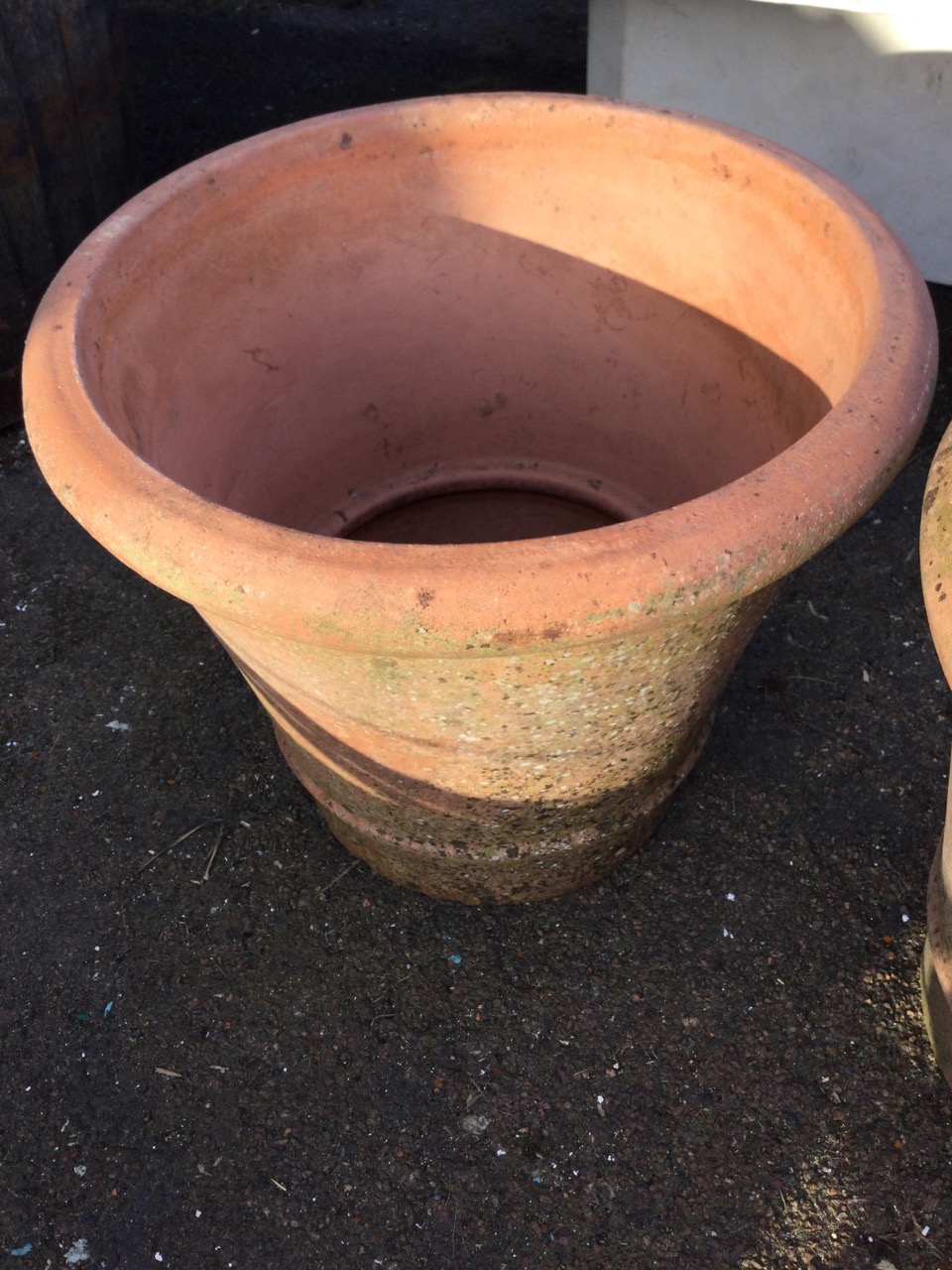 Three large tapering garden pots with cushion moulded rims, having moulded rings to bases. (16. - Image 2 of 3