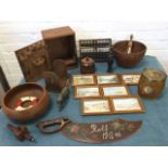 Miscellaneous treen including an oak tobacco jar, hardwood bowls, bookends, a mahogany microscope