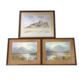 J Harker, lithographic coloured print of Bamburgh Castle, mounted & framed; and a pair of framed