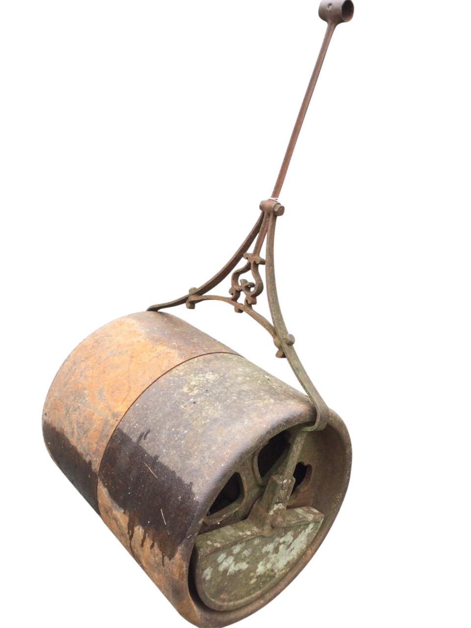 A Victorian cast iron roller with weighted twin drum, having decorative iron handle. (53in)