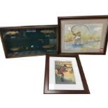 A fishing cartoon titled Snagged, mounted & framed; a cased angling diorama with miniature rod,