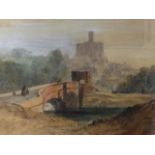 TM Richardson, watercolour, View of Warkworth with figures on bridge, signed indistinctly, mounted &