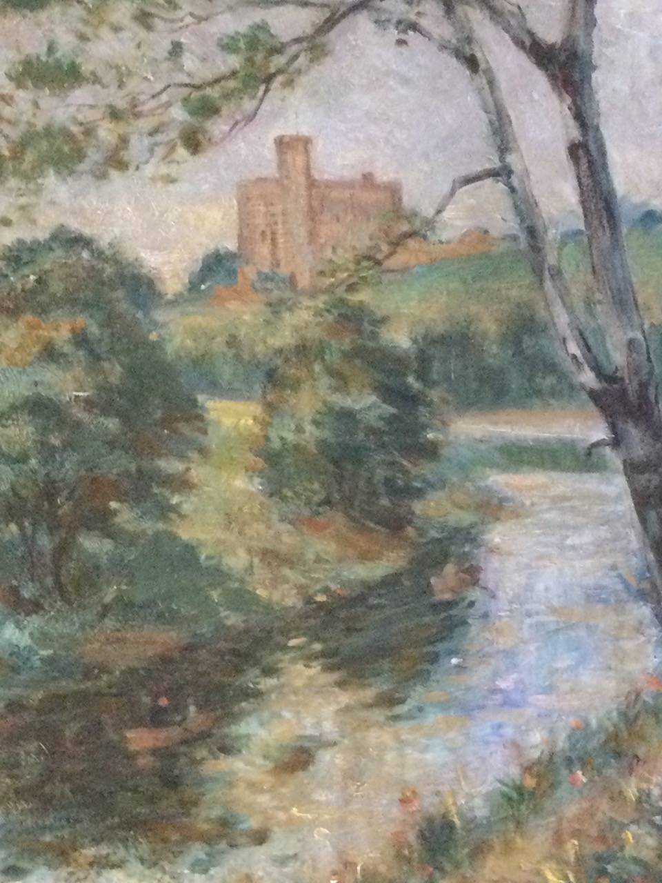 RH Pike, oil on board, river landscape with Warkworth castle, signed, Laing Gallery & Museum label - Image 2 of 3