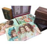 A Victorian childs brick jigsaw box containing 24 cubes illustrating six different Pears type