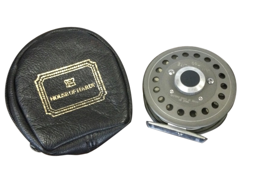 A leather cased Hardy JLH Ultralite 3.75in fly reel, with floating line & backing.