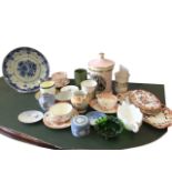 Miscellaneous ceramics including a floral delft plate, commemorative, a set of Masons style side