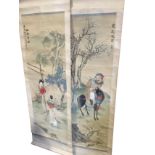 A pair of Japanese hanging watercolours on wood rollers, the paintings laid down on scrolls with