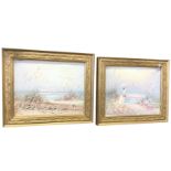 Oil on canvas, a pair, pale seaside views with seagulls - one with young lady holding parasol,