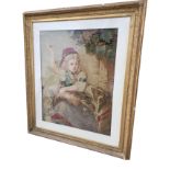 A large Victorian needlework panel of a girl playing with her dog, mounted and in moulded gilt &