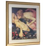 A large framed Pre-Ralphalite print of lovers, mounted & gilt framed. (39.25in x 33in ext)