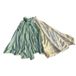 Three pairs of lined green floral damask style curtains - 101in; and a lemon yellow lined linen