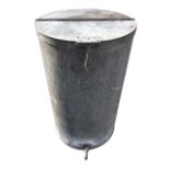 A riveted 3ft galvanised tubular bin or tank, the half-opening top with hasp, the base with brass