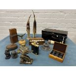 Miscellaneous items including flasks, a pair of horn birds, two Victorian inkwells, cased sets of