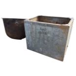 A basin shaped cast iron boiling pot with flat rim - 29in x 20.5in; and a rectangular galvanised