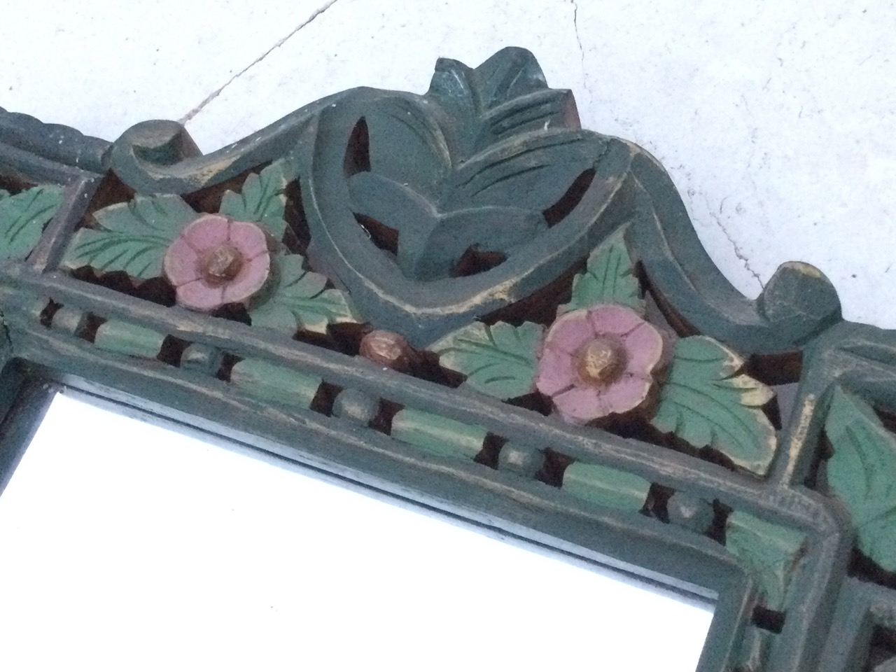 A carved and painted hardwood mirror, the rectangular plate in pierced leaf & floral carved scrolled - Image 2 of 3