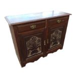 A late Victorian stained sideboard, the rectangular moulded top above two frieze drawers, with
