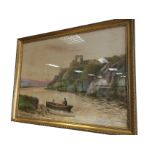 Reginald Hadley, watercolour, two figures in boat beneath ruin, signed & gilt framed. (29in x 20.