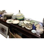 Miscellaneous ceramics including a wally dog, a pair of plaster relief-moulded wallplates, serving
