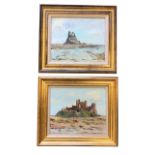 William Ferguson, oil on board, a pair, Bamburgh & Lindisfarne Castle, signed, Torrance Gallery