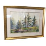 BL Walter, watercolour, landscape with pine trees, signed & dated, Waverley Gallery label to