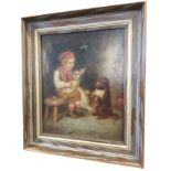 S Clarke, late nineteenth century oil on canvas, boy sitting on stool with begging dog, signed,