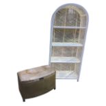 A painted arched cane shelf unit with four shelves; and a D-shaped Lloyd Loom style ottoman linen