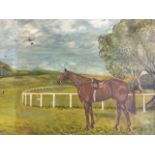 A Banks, oil on canvas, tacked up horse in landscape by rails, signed & dated 1932, unframed &
