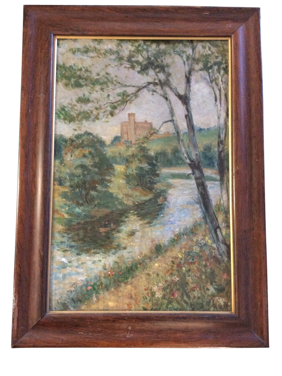 RH Pike, oil on board, river landscape with Warkworth castle, signed, Laing Gallery & Museum label