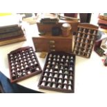 Miscellaneous items including a collection of thimbles, a three-drawer oak sewing cabinet,