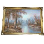 I Cafier, oil on canvas, river landscape with trees, signed & gilt framed. (35in x 23.5in)