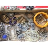 Miscellaneous paste buckles & brooches, some old, an Iona silver brooch & buckle, filigree pieces,