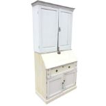 A painted bureau bookcase, the cupboard with moulded cornice above fielded panelled doors