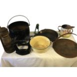 Miscellaneous metalware including two cobblers lasts, a cast iron cauldron, griddle pans, a