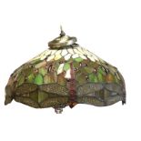 A domed leaded glass Tiffany style lightshade of inverted bowl shape, having frieze of dragonflies