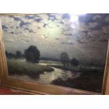 H Hartig, lithographic coloured print, moonlit river landscape, signed in print, framed. (27.5in x