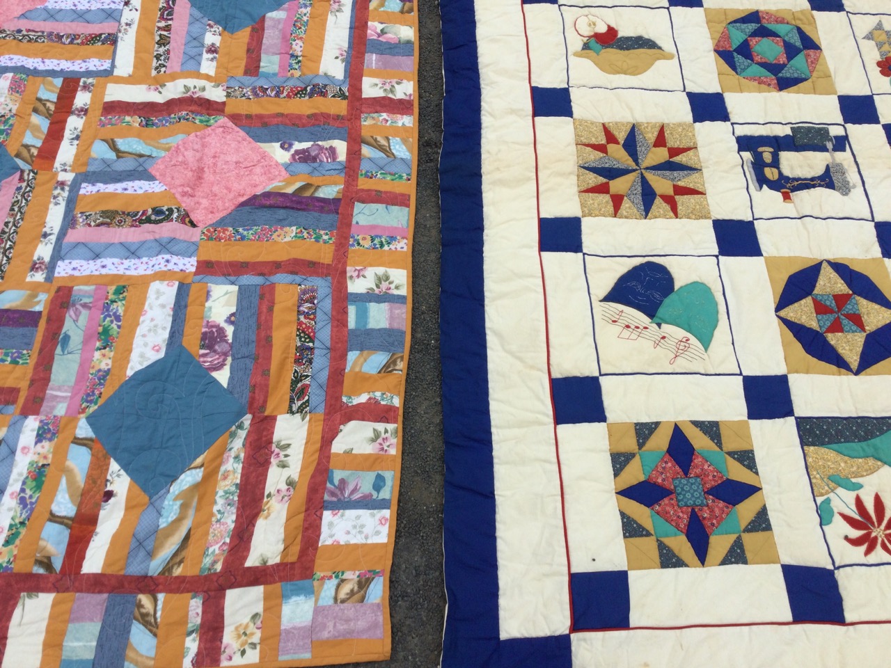 A South African cotton patchwork quilt sewn with colourful panels around square lozenges - 81in x - Image 3 of 3