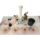 Miscellaneous items including stone animals, a tall alabaster vase, a stone mortar & pestle, a