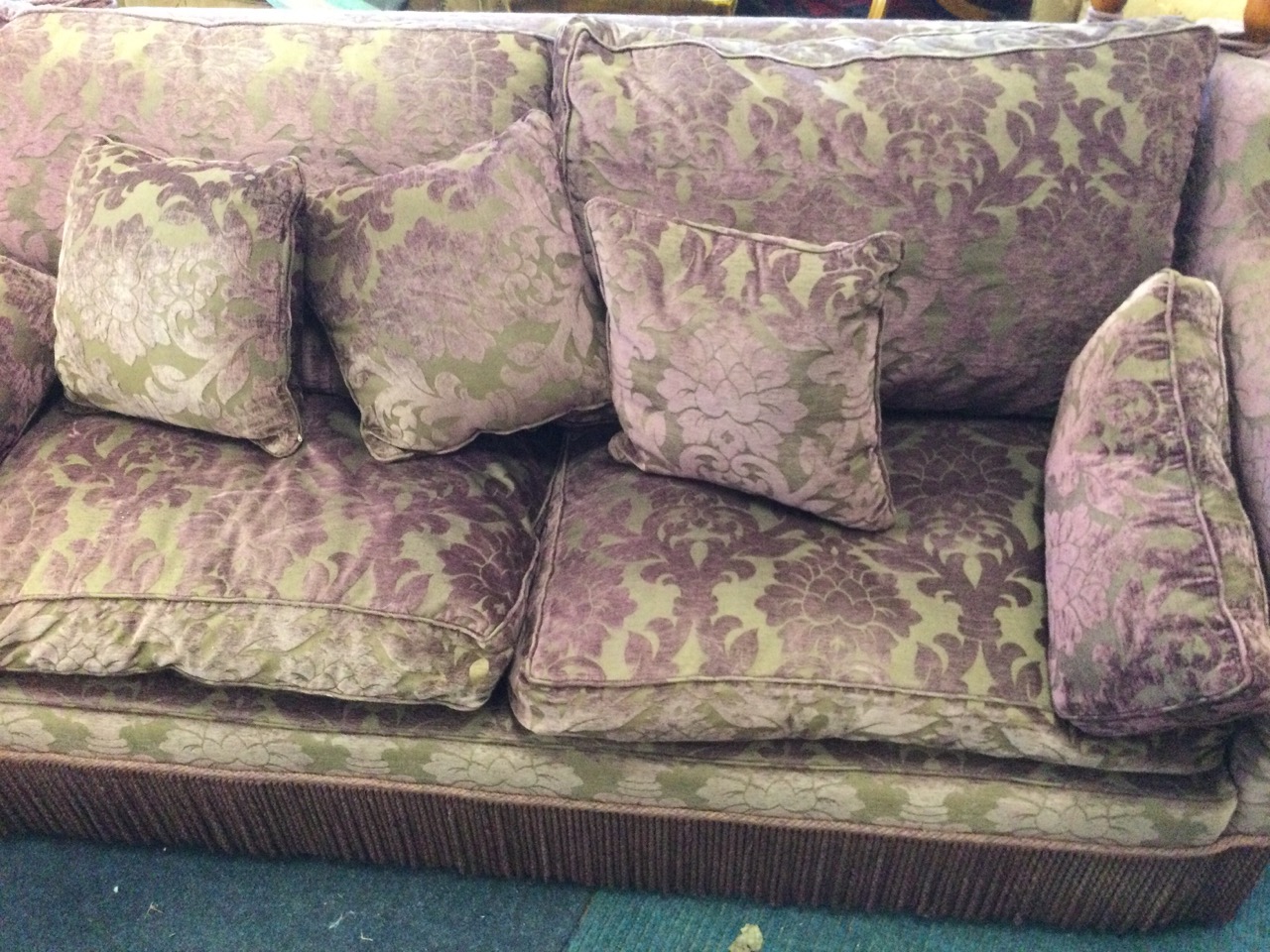 A Knole house two/three-seater sofa with shaped drop arms and loose cushions, upholstered in - Image 2 of 3