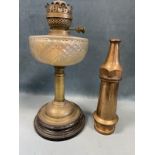 A tapering brass firemans hose nozzle with hexagonal screwing-in end - 11.5in; and a Victorian brass