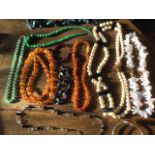 Ten miscellaneous bead necklaces & bracelets - polished stones, faux pearl, amber, jade type, etc;