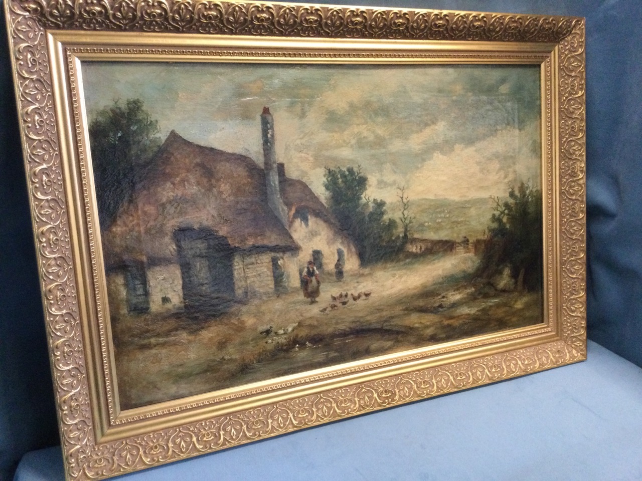 Nineteenth century oil on canvas, country landscape scene with cottage and figures with ducks & - Image 3 of 3